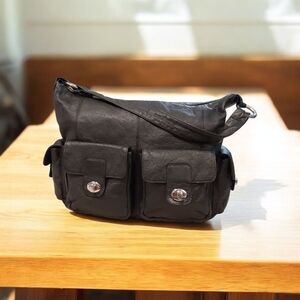 Marta Ponti Large black pebbled leather hobo bag With Silver Accents